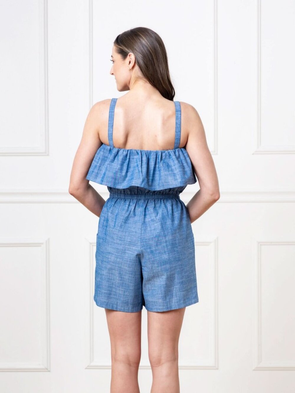 Hope & Henry Organic Ruffle Top Romper - Chambray - Picture 3 of 7